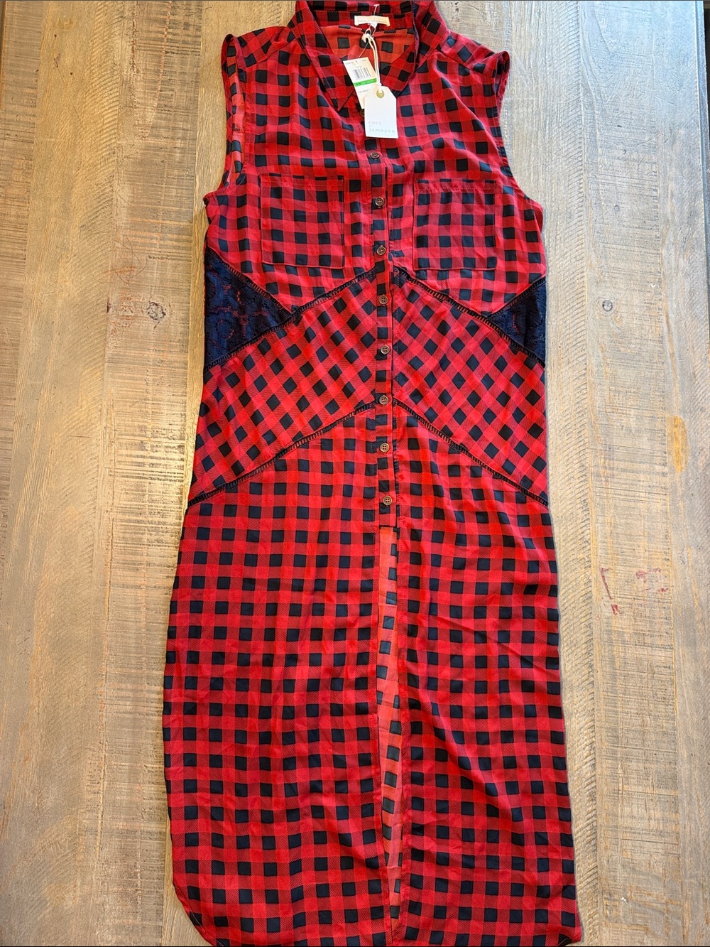 Sleeveless Red & Black Checked Midi Dress with Lace Panels
